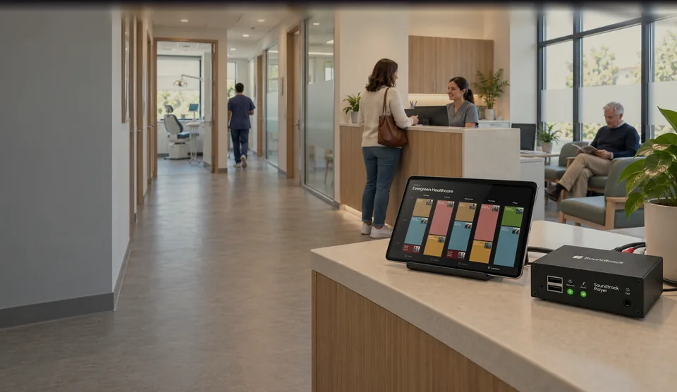 Recepción de una clínica con pacientes, un iPad con la programación musical y un Soundtrack Player