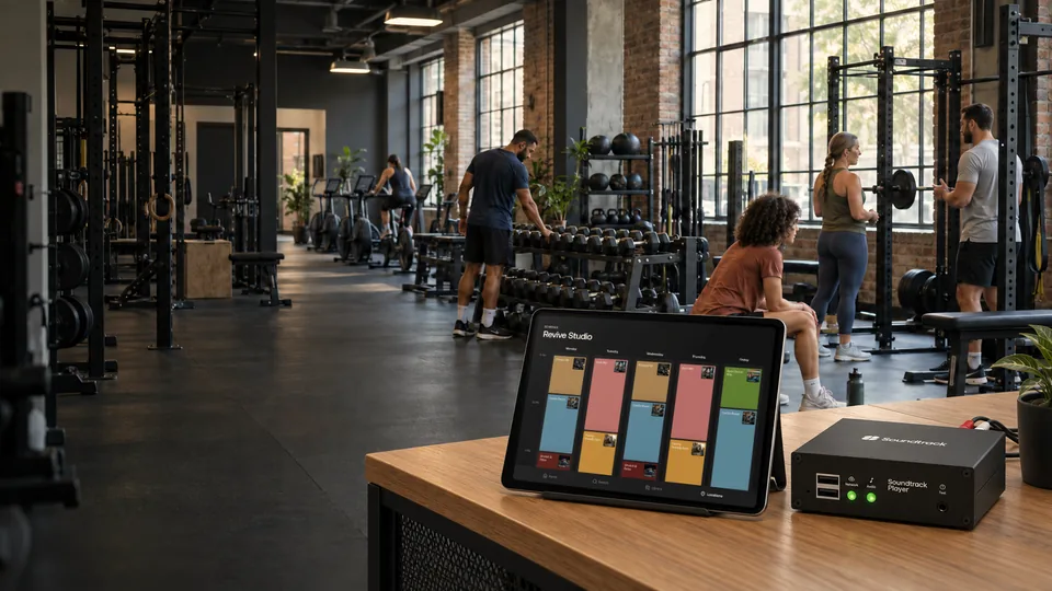 Gimnasio con clientes entrenando, un iPad con la programación musical semanal y un Soundtrack Player