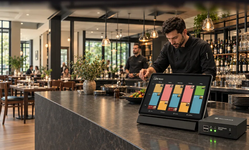 Un cocinero consulta en un iPad la programación musical del restaurante junto al Soundtrack Player